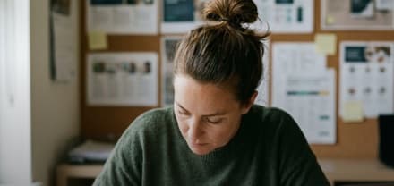 Woman working at a desk in front of a corkboard full of notes